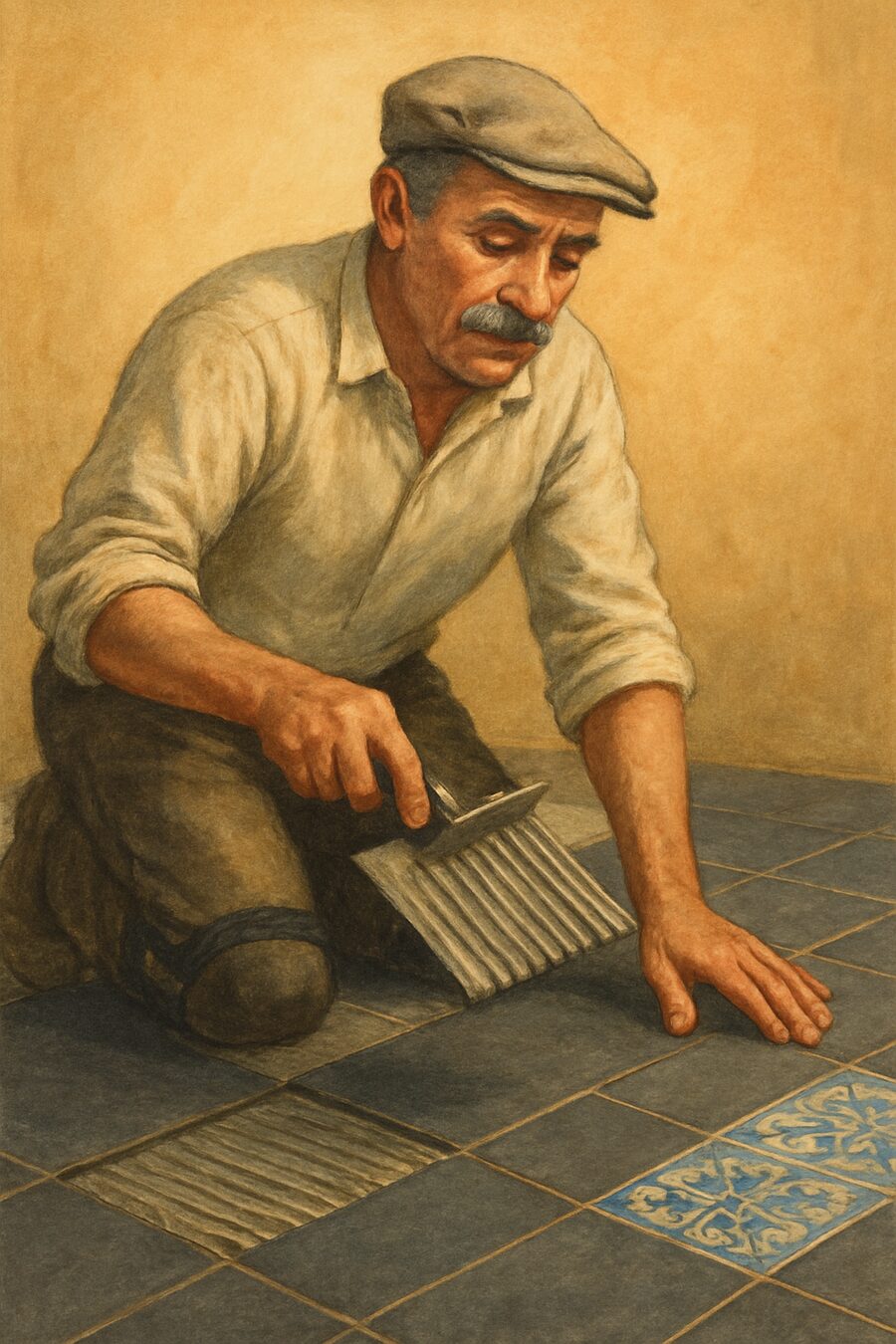 Illustration d'un carreleur au travail